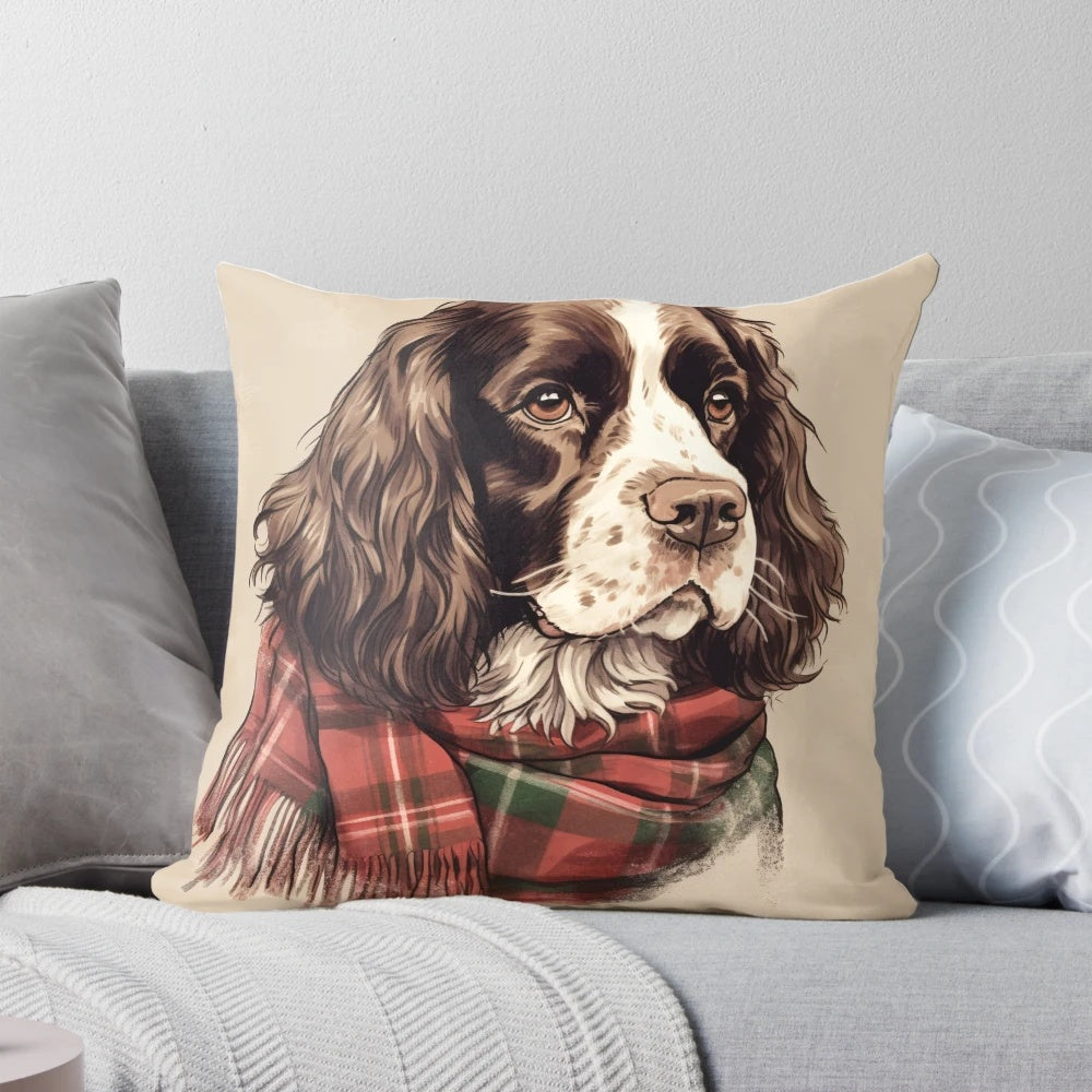 A watercolor illustration of an English Springer Spaniel dog wearing a Santa hat, set against a Christmas plaid background.