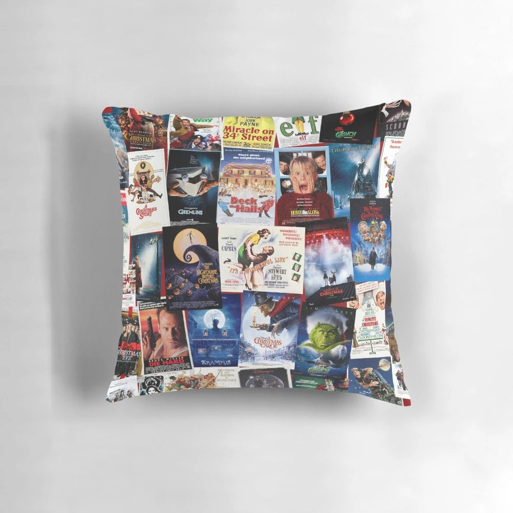 Cozy Christmas movie pillow featuring a collage of classic holiday films like Home Alone, Die Hard, and It's a Wonderful Life.