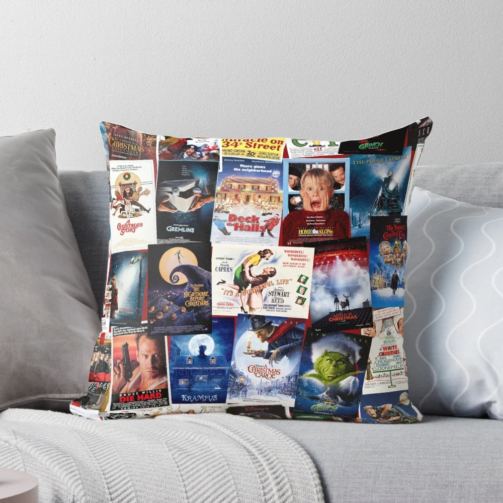 Cozy Christmas movie pillow featuring a collage of classic holiday films like Home Alone, Die Hard, and It's a Wonderful Life.