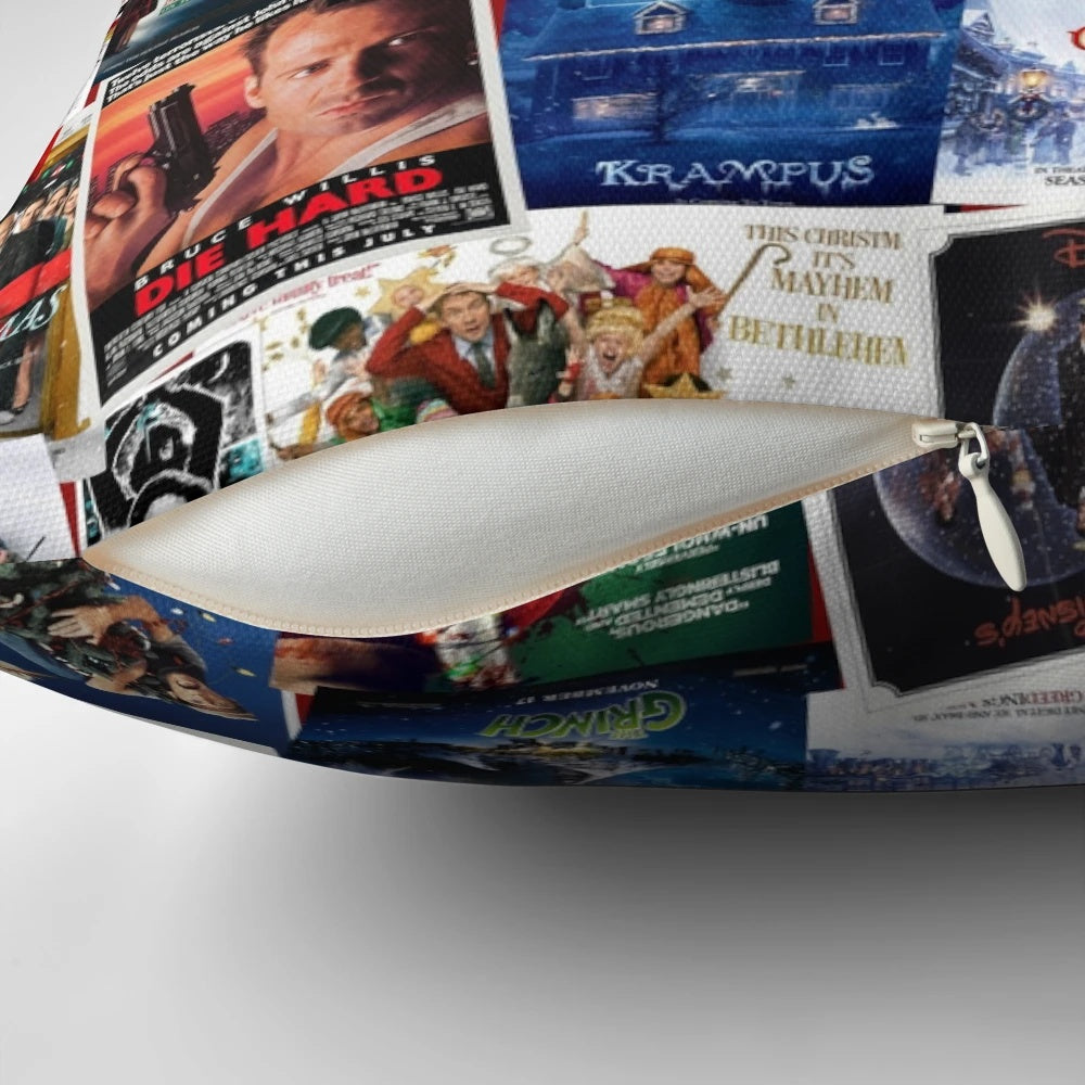 Cozy Christmas movie pillow featuring a collage of classic holiday films like Home Alone, Die Hard, and It's a Wonderful Life.