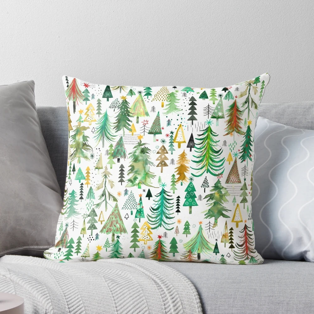 A decorative pillow featuring a beautiful watercolor pattern of pine and spruce trees in a winter forest