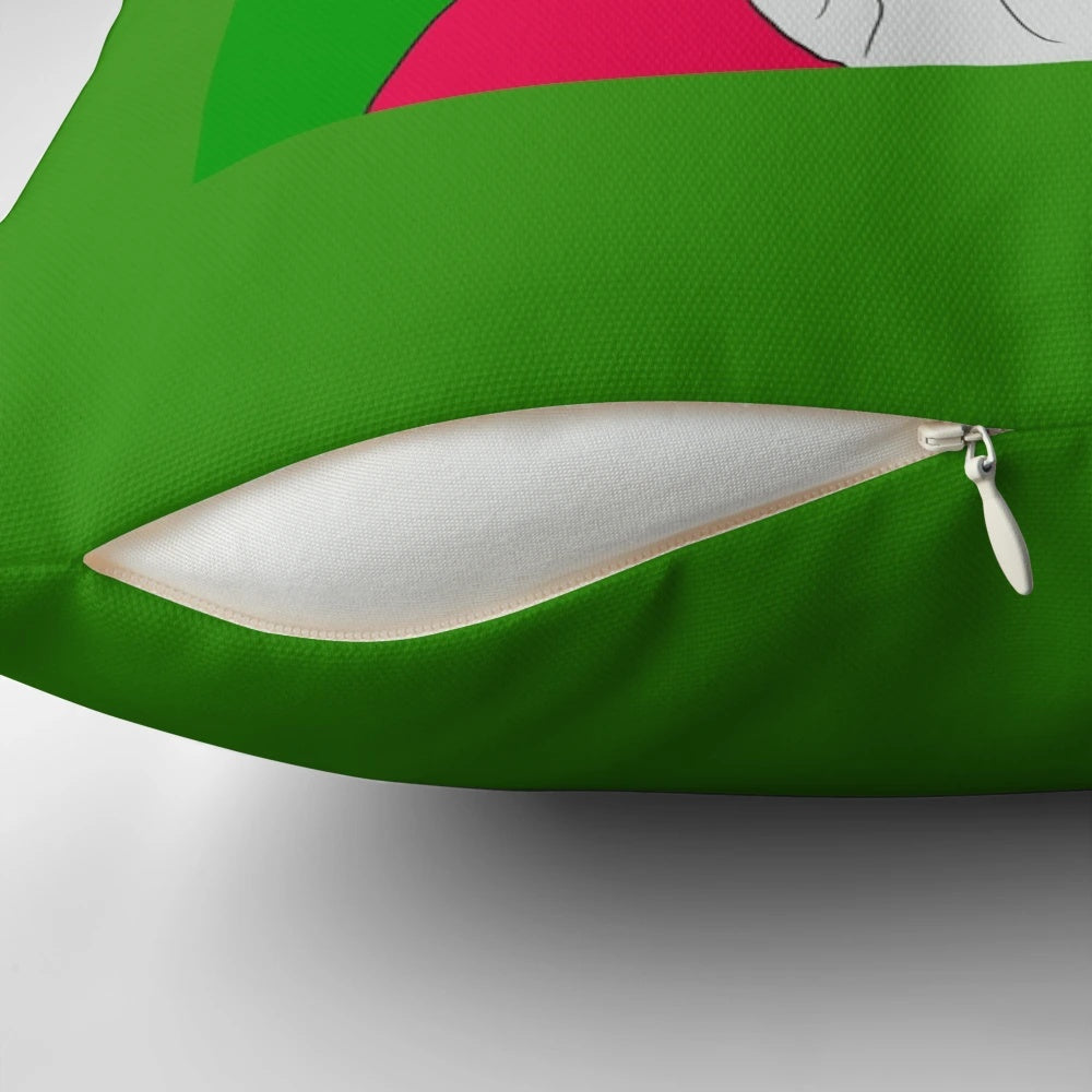 Cozy green and white Christmas-themed pillow with "Friday Night Dinner" characters