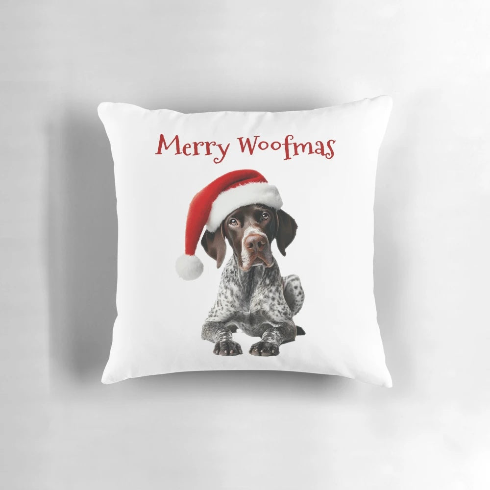 A plush, festive pillow featuring a German Shorthaired Pointer dog wearing a Santa hat.