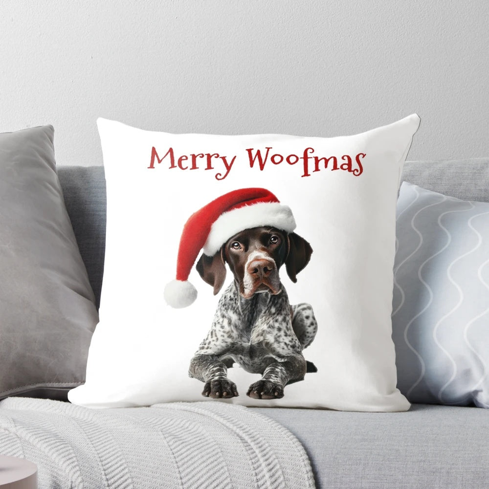 A plush, festive pillow featuring a German Shorthaired Pointer dog wearing a Santa hat.