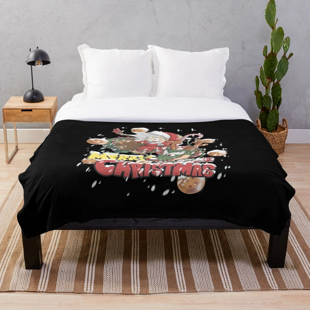 Goku-inspired plush blanket with dragon ball and holiday elements