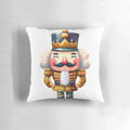 A vibrant watercolor painting of a golden nutcracker on a decorative throw pillow.