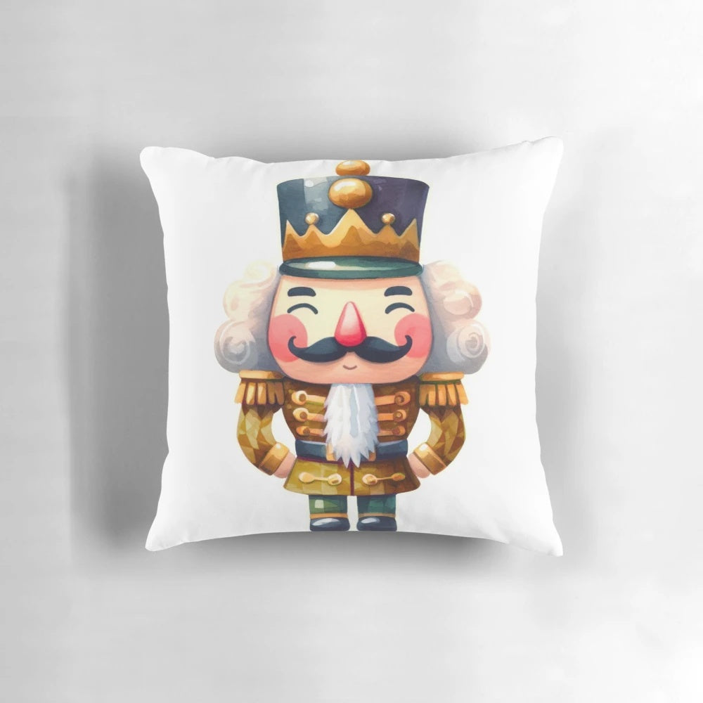 A vibrant watercolor painting of a golden nutcracker on a decorative throw pillow.