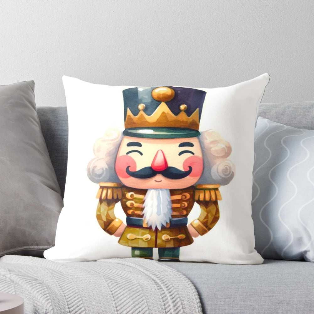 A vibrant watercolor painting of a golden nutcracker on a decorative throw pillow.
