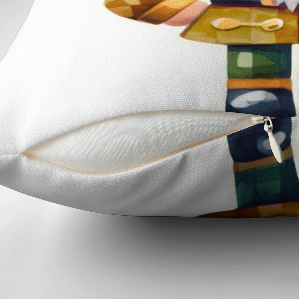 A vibrant watercolor painting of a golden nutcracker on a decorative throw pillow.