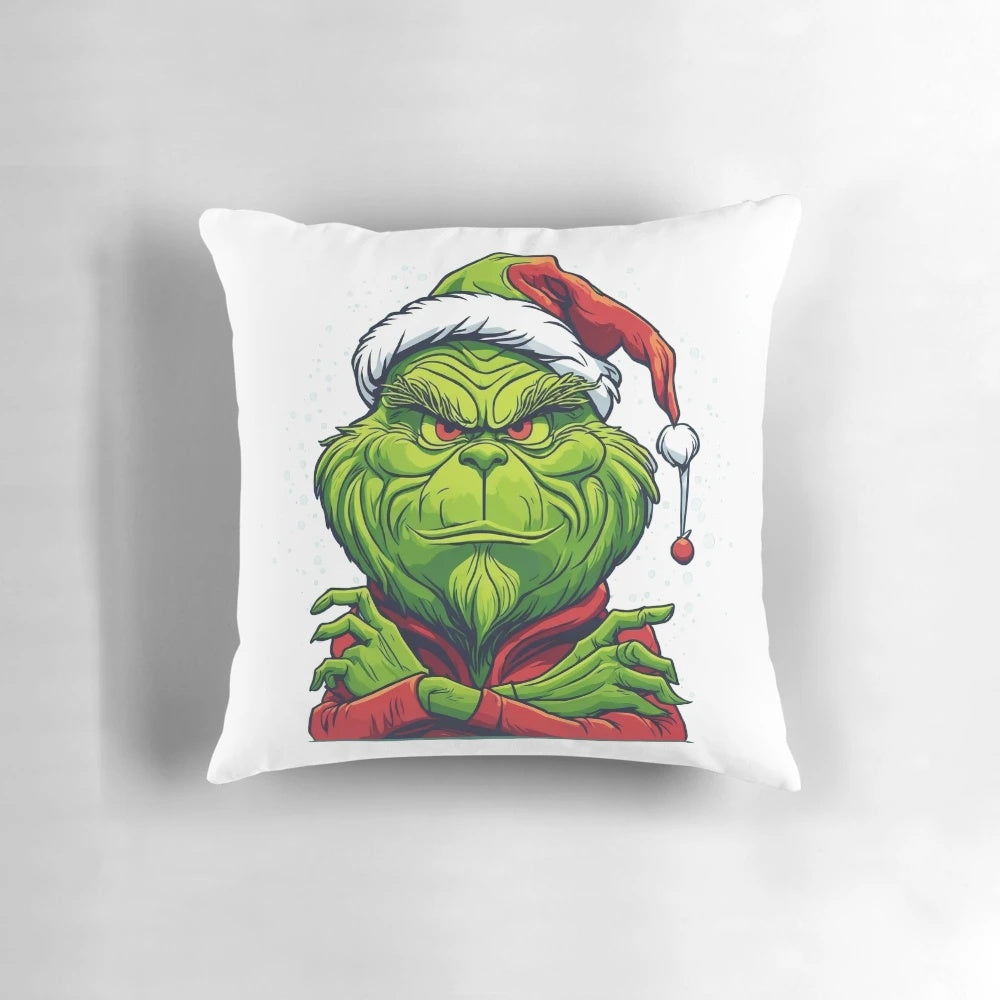 Festive Grinch Christmas pillow with the Grinch's iconic face for a cozy holiday home decor.