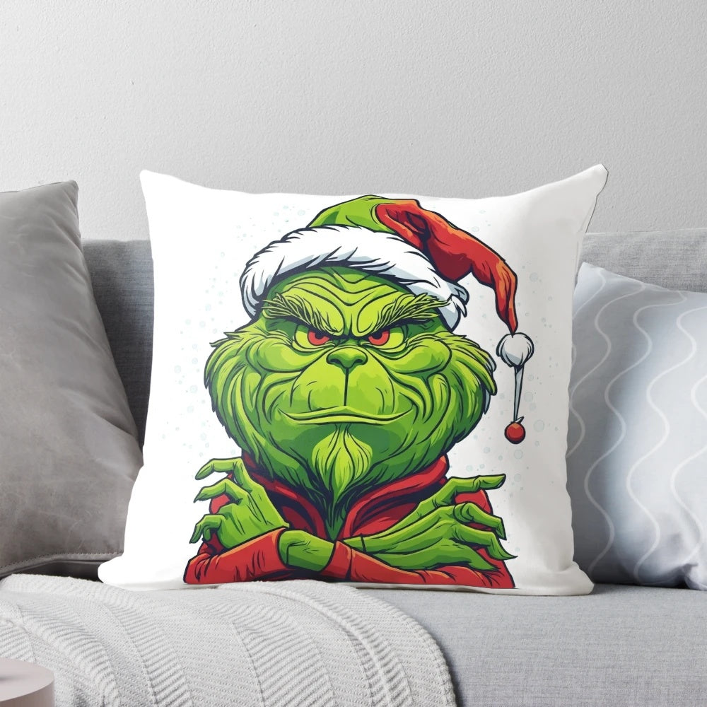 Festive Grinch Christmas pillow with the Grinch's iconic face for a cozy holiday home decor.