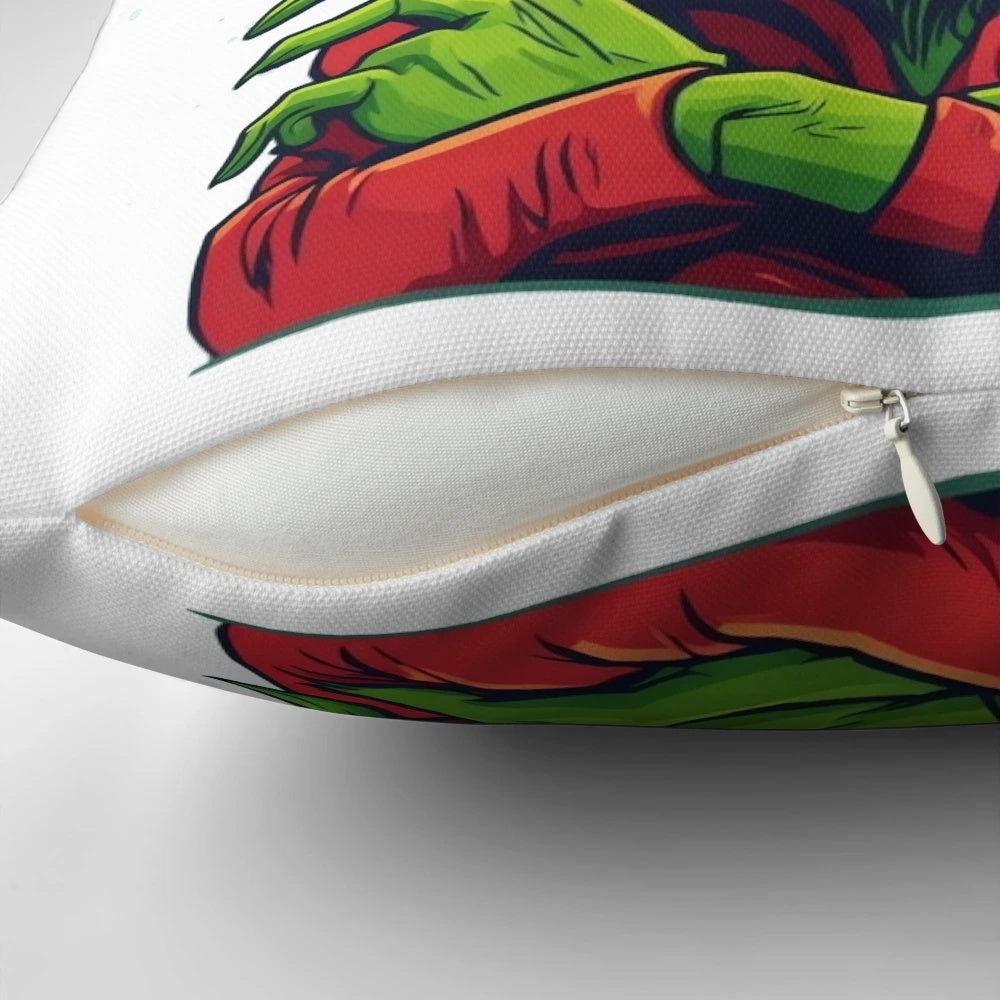 Festive Grinch Christmas pillow with the Grinch's iconic face for a cozy holiday home decor.
