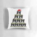 A cozy holiday throw pillow featuring a herding dog, like a border collie or Australian shepherd, wearing a Santa hat next to a Christmas tree.