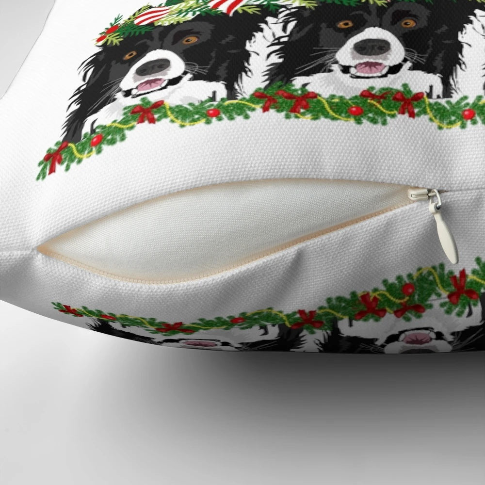 A cozy holiday throw pillow featuring a herding dog, like a border collie or Australian shepherd, wearing a Santa hat next to a Christmas tree.