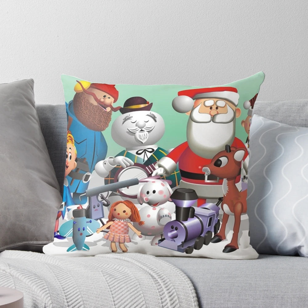 Holiday Fun Pillow featuring Santa Claus, Frosty the Snowman, Rudolph, and more festive characters