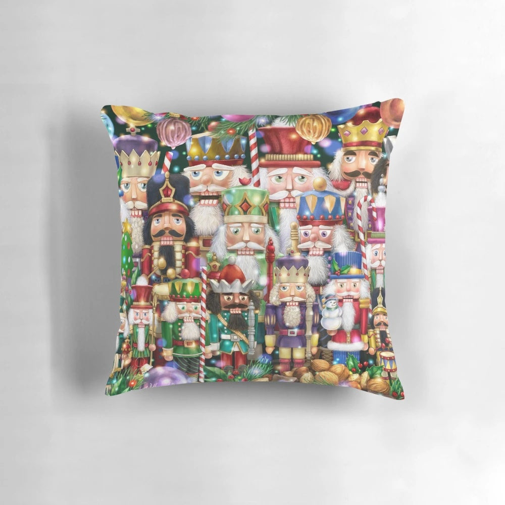 Colorful holiday pillow featuring festive nutcrackers, candy canes, and greenery
