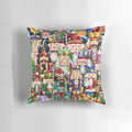 Colorful holiday pillow featuring festive nutcrackers, candy canes, and greenery