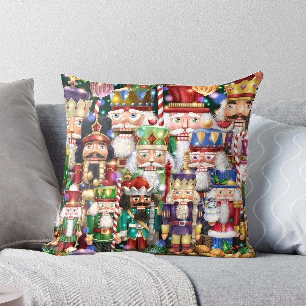Colorful holiday pillow featuring festive nutcrackers, candy canes, and greenery