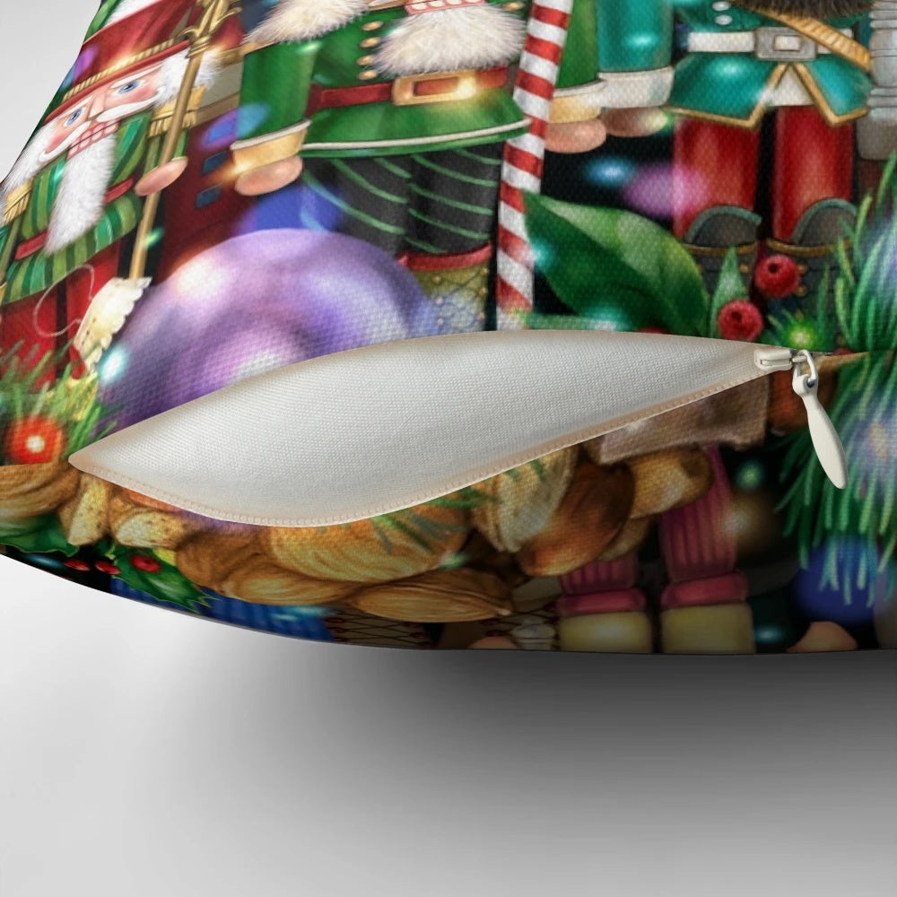 Colorful holiday pillow featuring festive nutcrackers, candy canes, and greenery