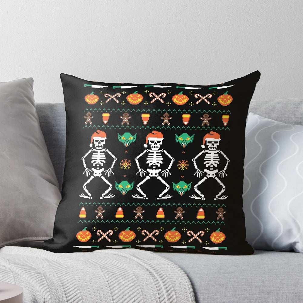 A decorative holiday pillow featuring a mix of Halloween and Christmas elements, including jack-o-lanterns, gingerbread men, and a festive knit pattern.