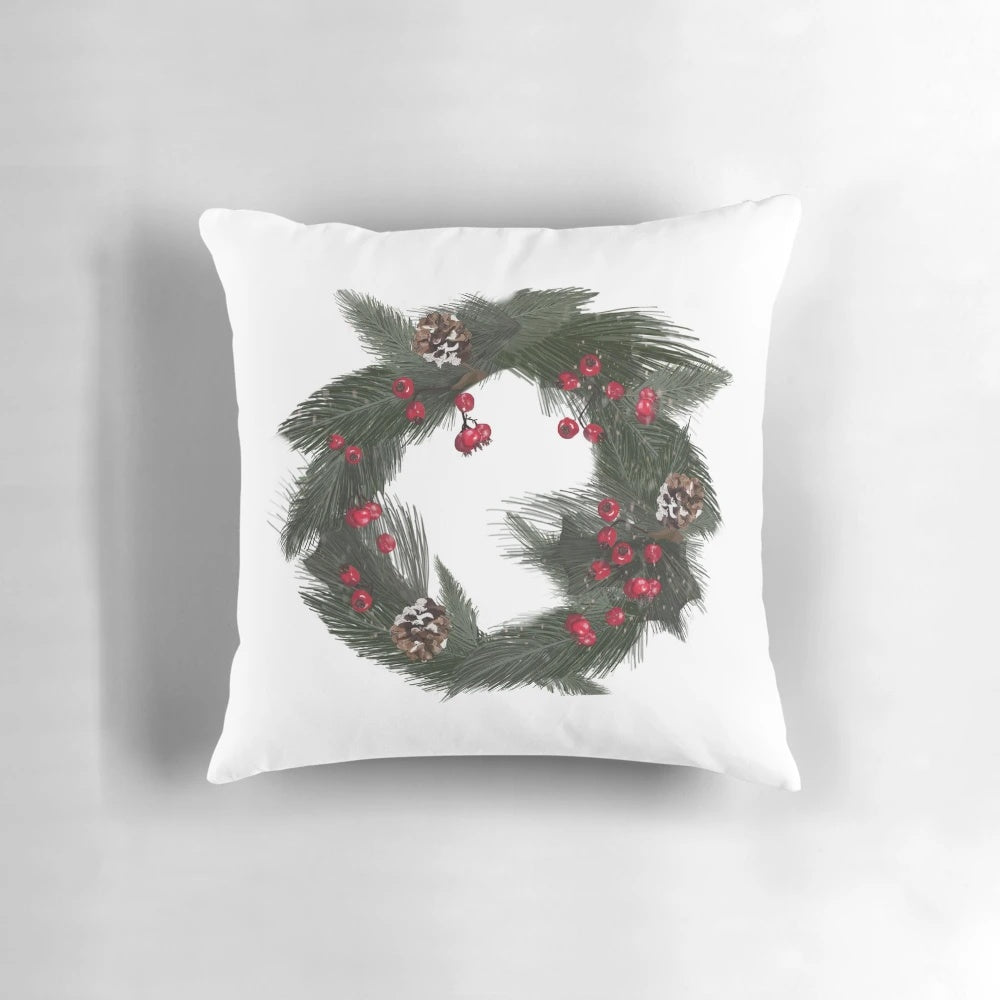 Festive holiday winter evergreen wreath decorative pillow