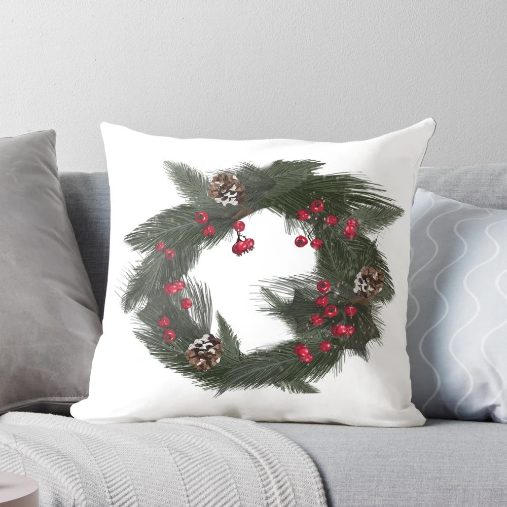 Festive holiday winter evergreen wreath decorative pillow