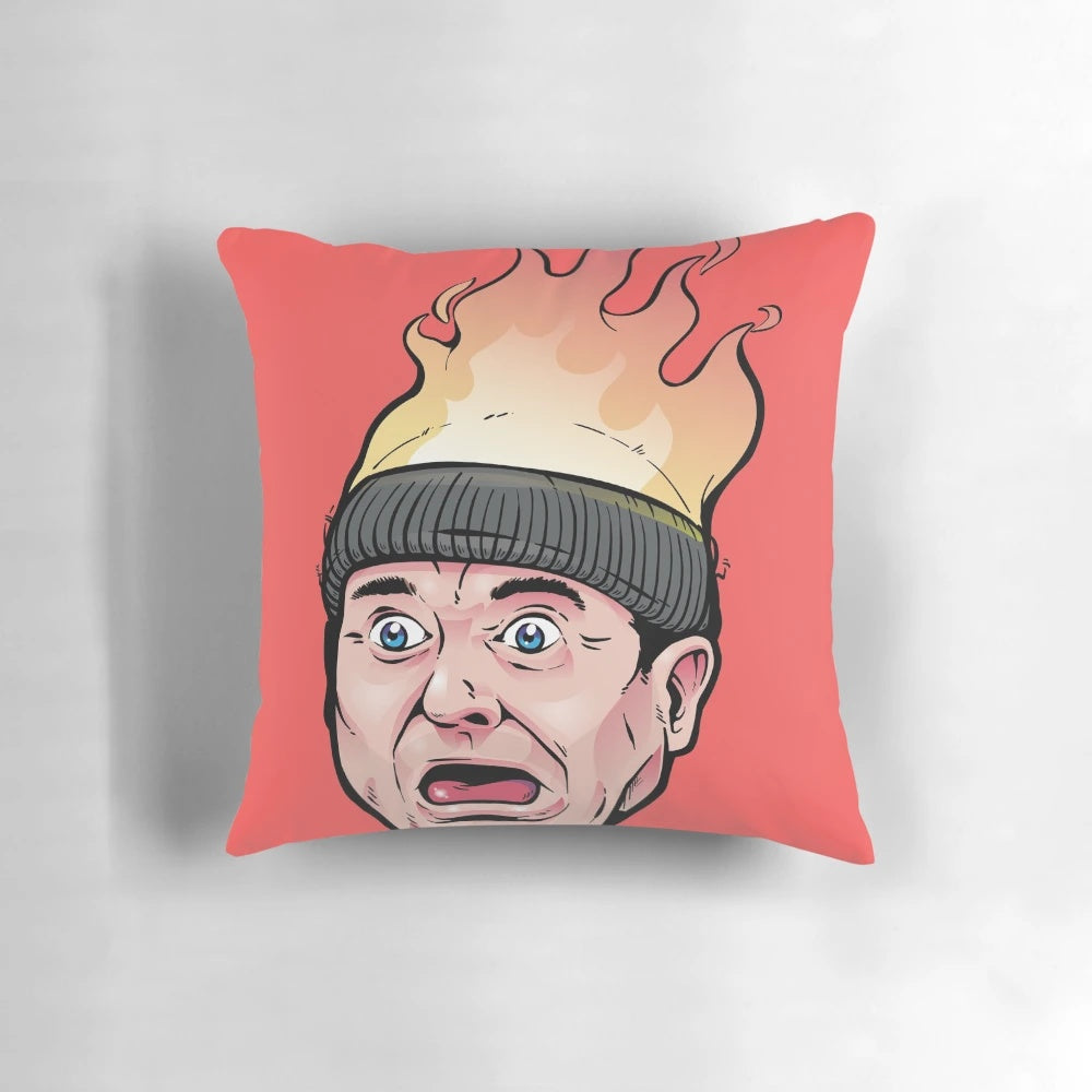 A cozy Christmas pillow featuring the iconic "Home Alone" characters and holiday theme