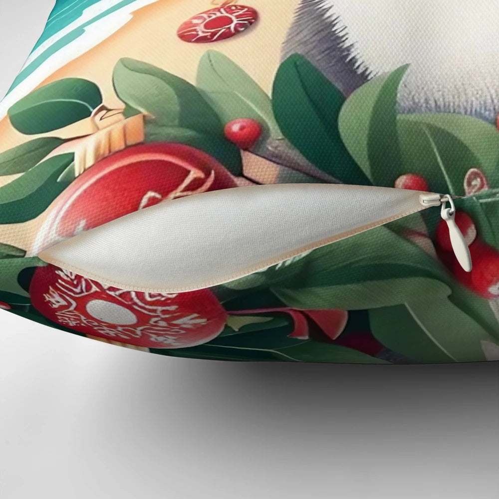 Cute Aussie koala wearing a Santa hat on a Christmas-themed pillow with eucalyptus leaves and a beach backdrop.
