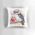 Colorful Christmas-themed pillow featuring a kookaburra, an iconic Australian native bird, designed by artist Tracey Mackie.