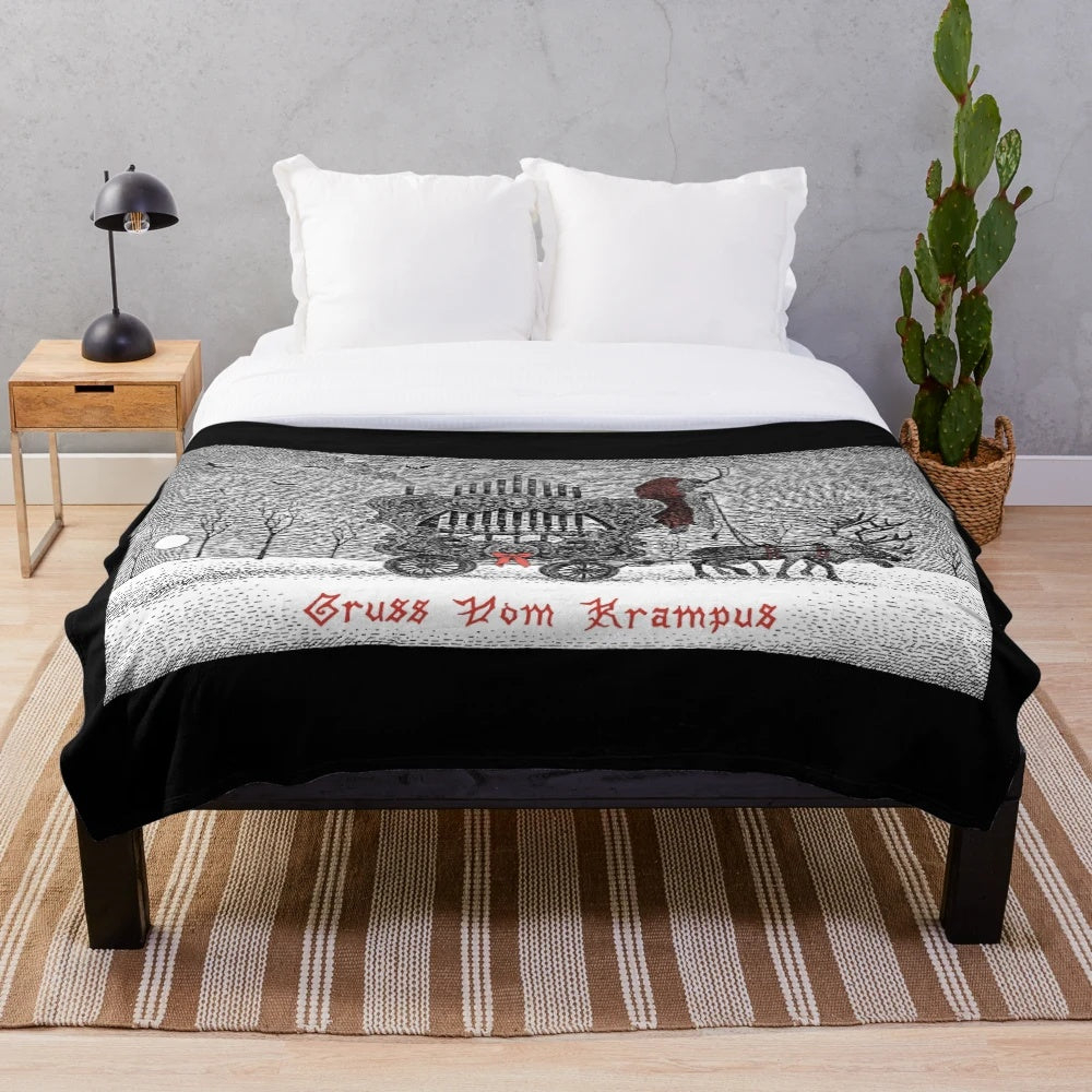 Krampus-themed plush blanket with calliope music design