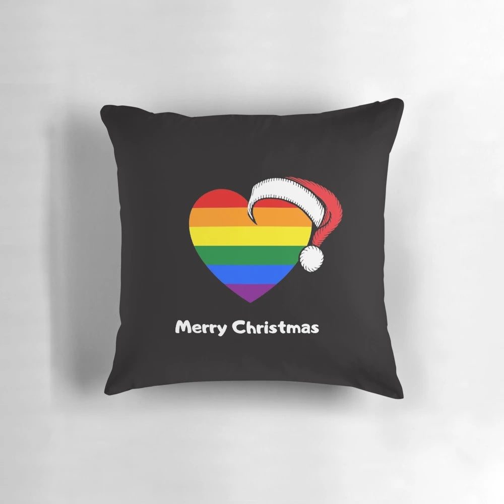 Colorful holiday pillow with rainbow hearts and a gay Santa design