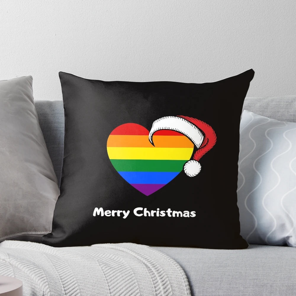 Colorful holiday pillow with rainbow hearts and a gay Santa design