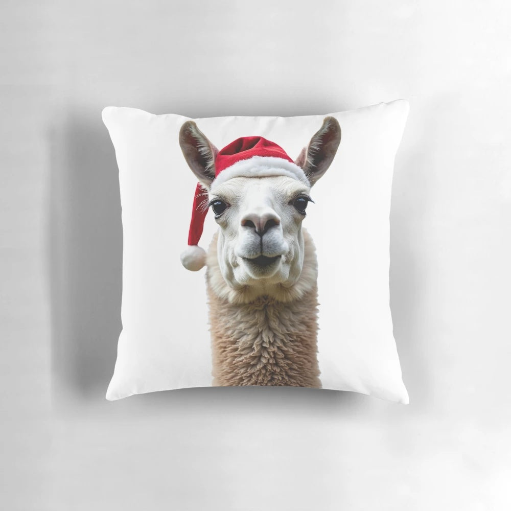 Colorful illustration of a llama wearing a cozy Christmas hat