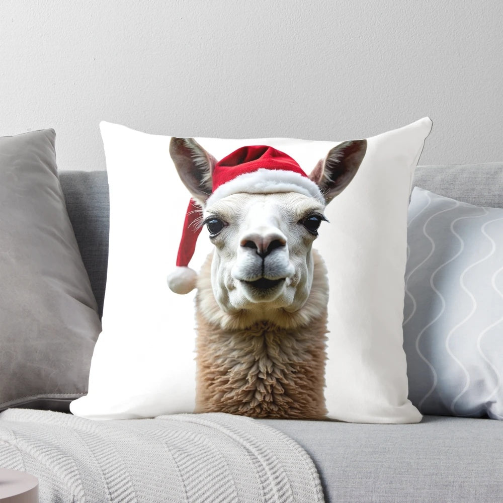 Colorful illustration of a llama wearing a cozy Christmas hat