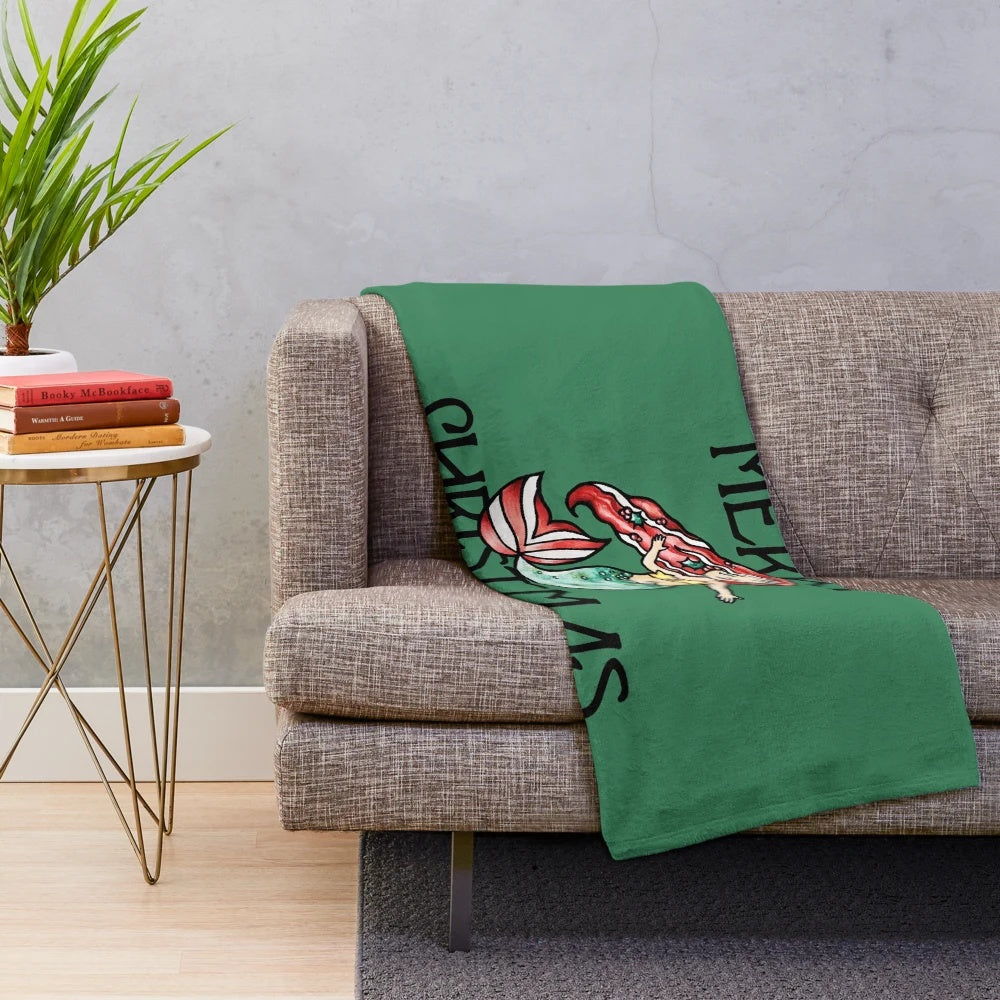Merry Christmas mermaid plush blanket with golden scales and holiday design