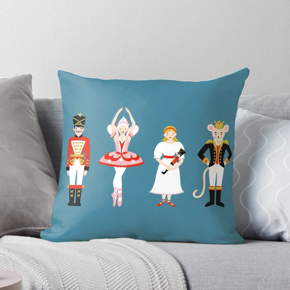 A cozy and decorative Nutcracker Ballet-themed pillow featuring classic Christmas characters like the Nutcracker, Sugar Plum Fairy, and Mouse King.