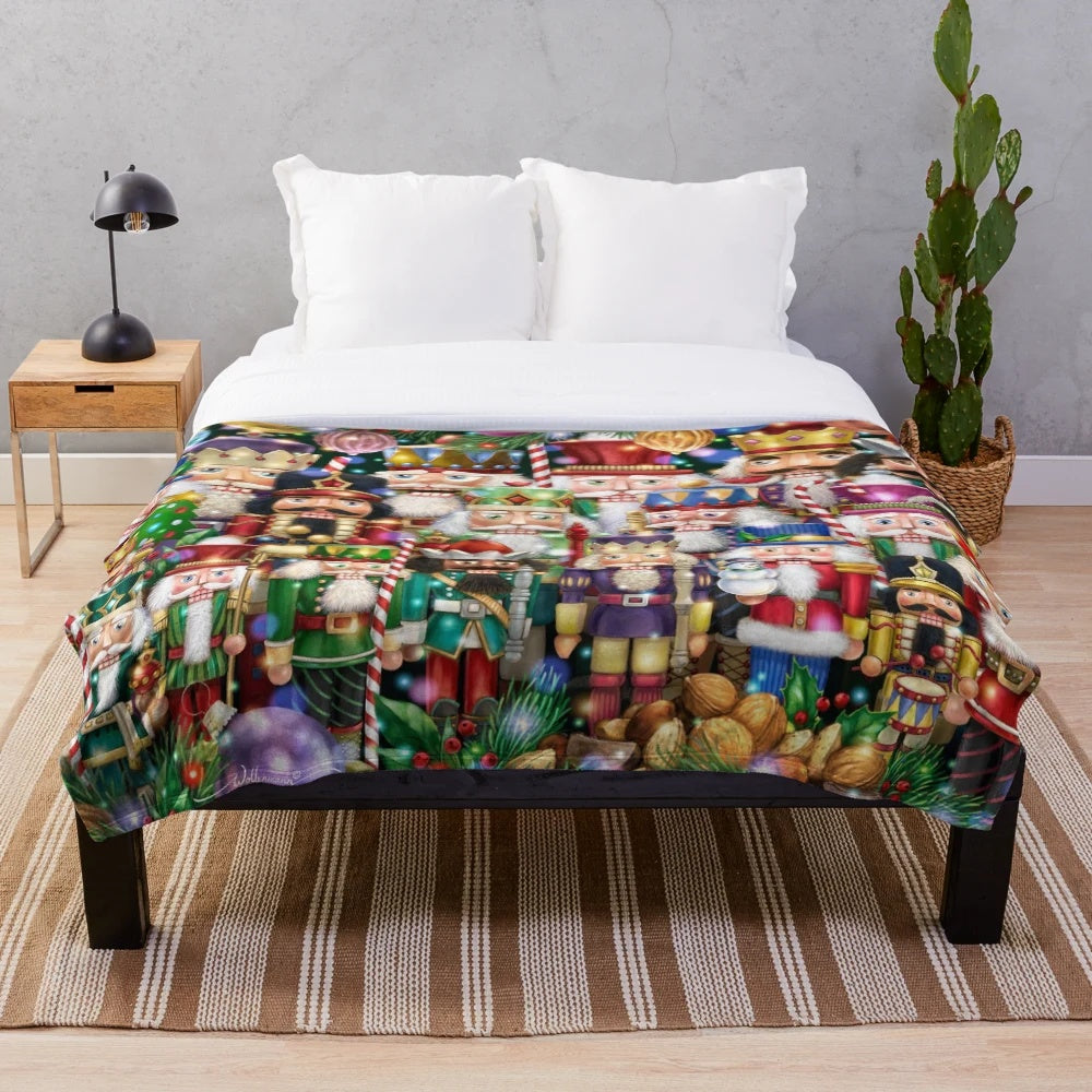 Plush blanket featuring an array of nutcracker figures in a festive holiday setting