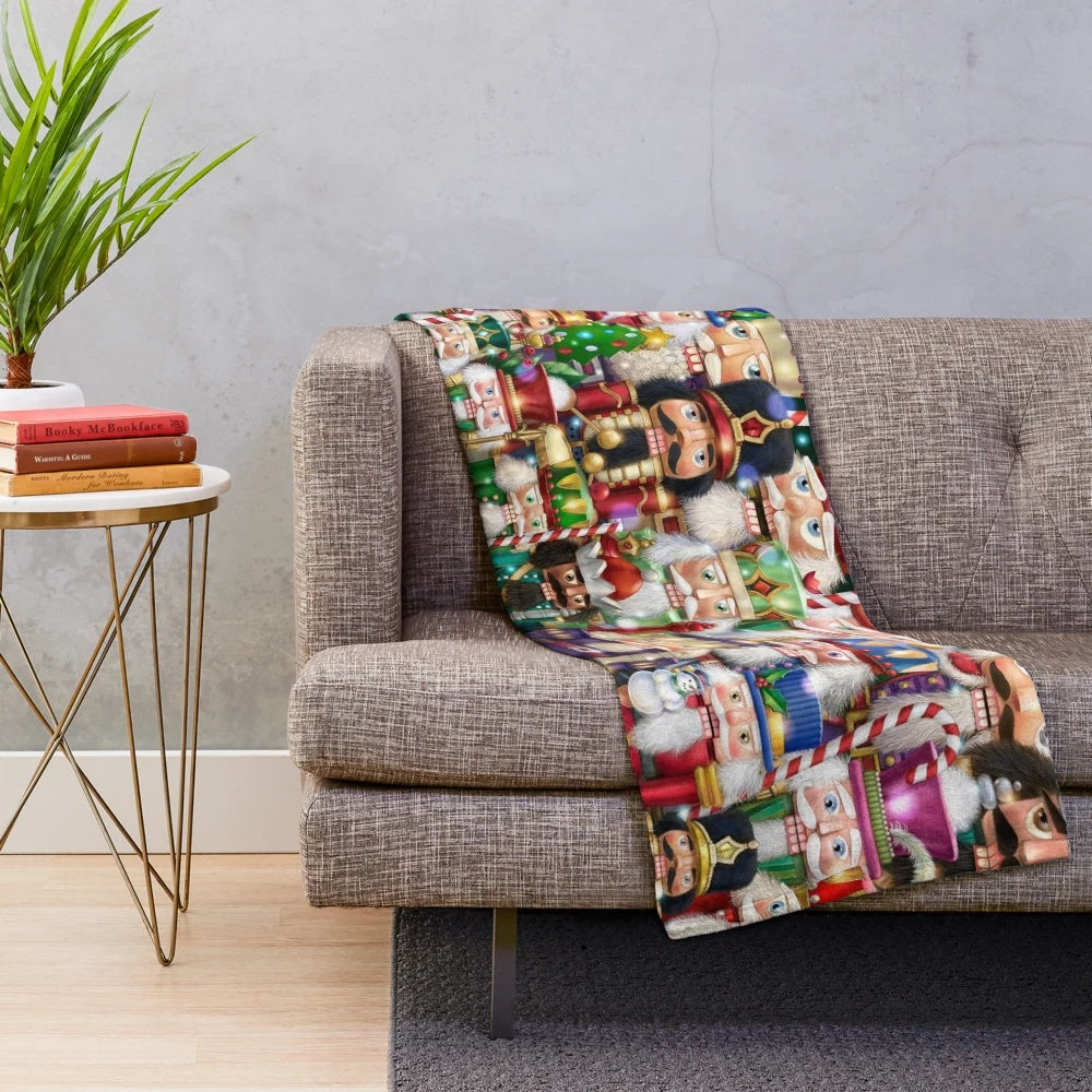Plush blanket featuring an array of nutcracker figures in a festive holiday setting