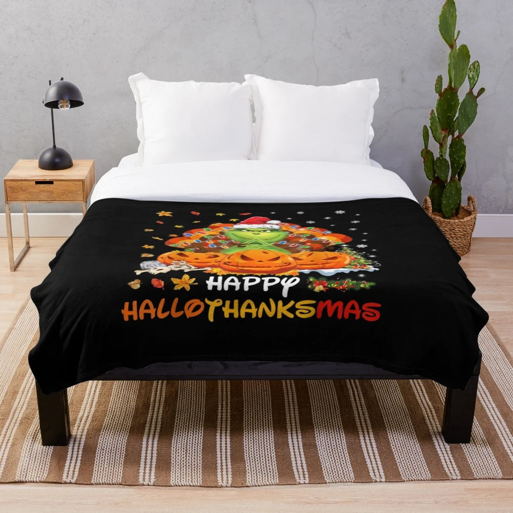 Plush Christmas blanket with Grinch-inspired holiday design