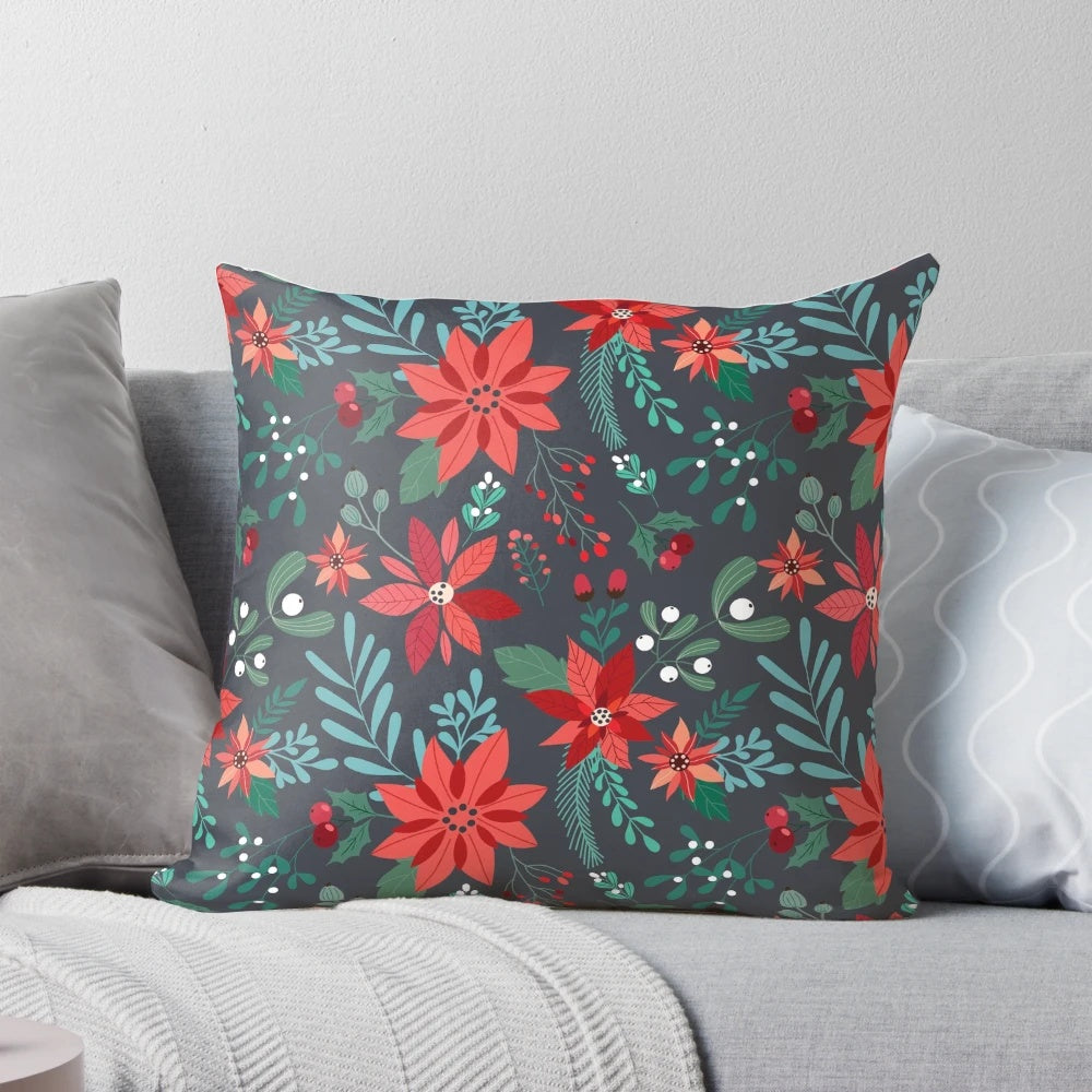 Vibrant poinsettia floral pattern on a plush pillow for cozy holiday home decor