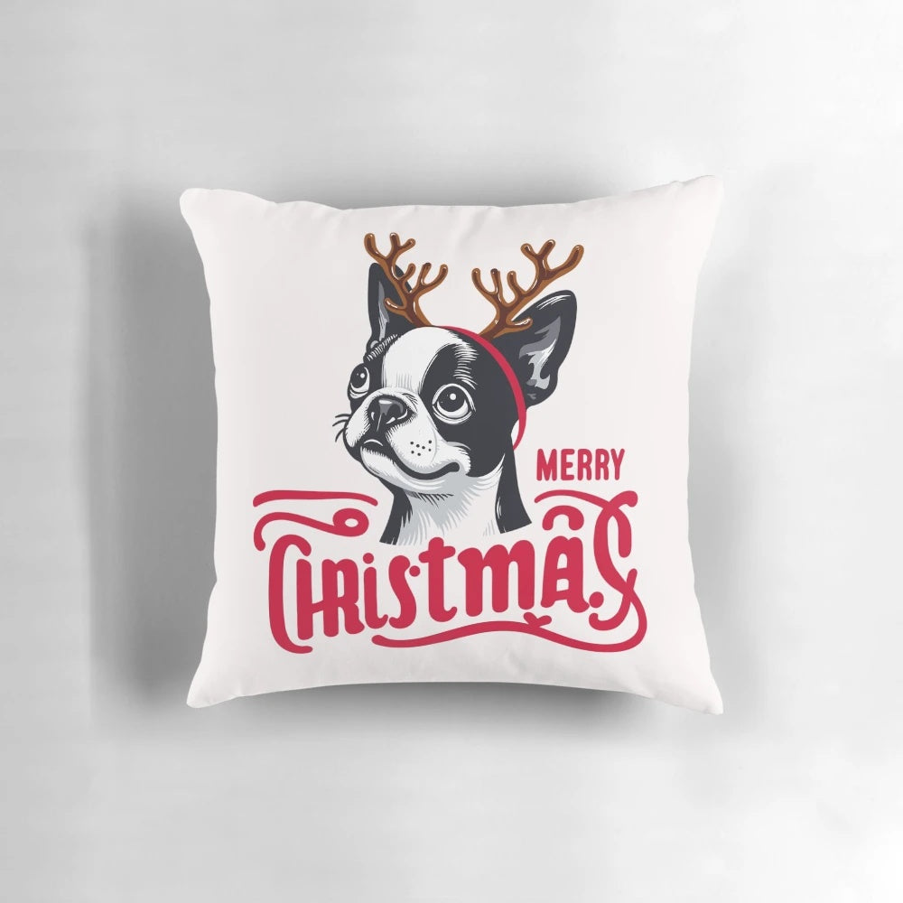 Merry Dogmas Pillow featuring a playful cartoon dog in a Santa hat