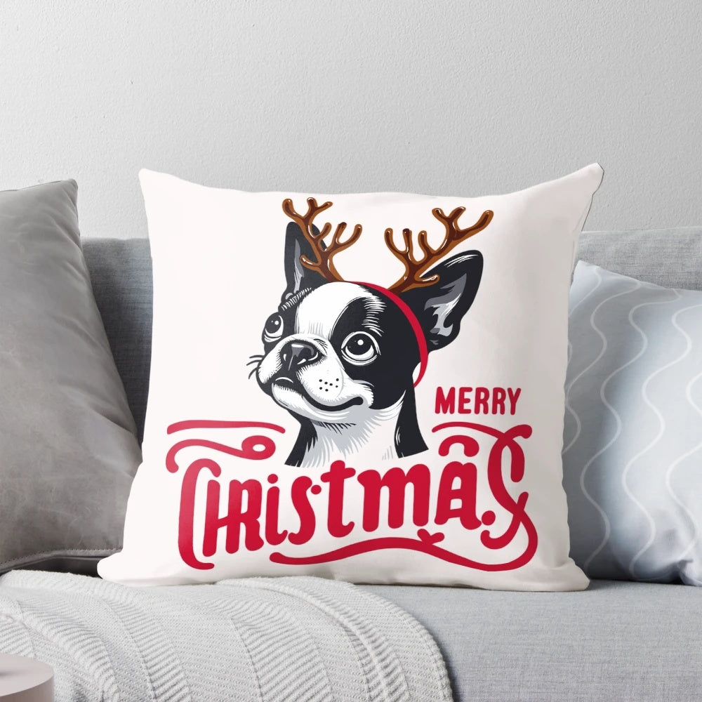 Merry Dogmas Pillow featuring a playful cartoon dog in a Santa hat