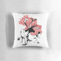 Decorative pillow featuring a hand-drawn reindeer with red and white mushrooms in a natural landscape