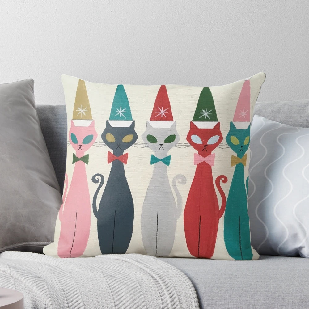 Multicolor Christmas pillow featuring a retro-style kitty Santa Claus design by artist El Gato Gomez.
