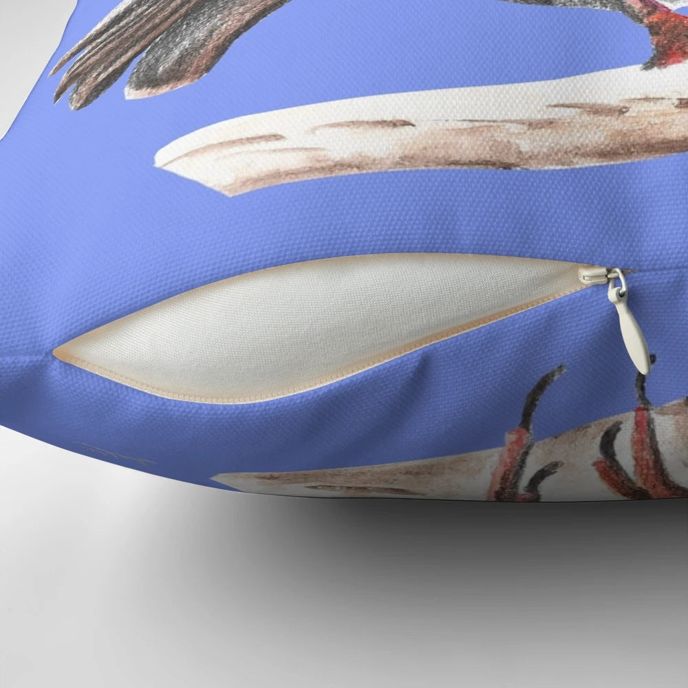 Decorative pillow featuring a beautiful robin bird in a winter nature scene