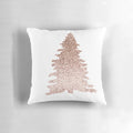 A decorative throw pillow featuring a sparkling rose gold Christmas tree with abstract leaves and holiday accents.