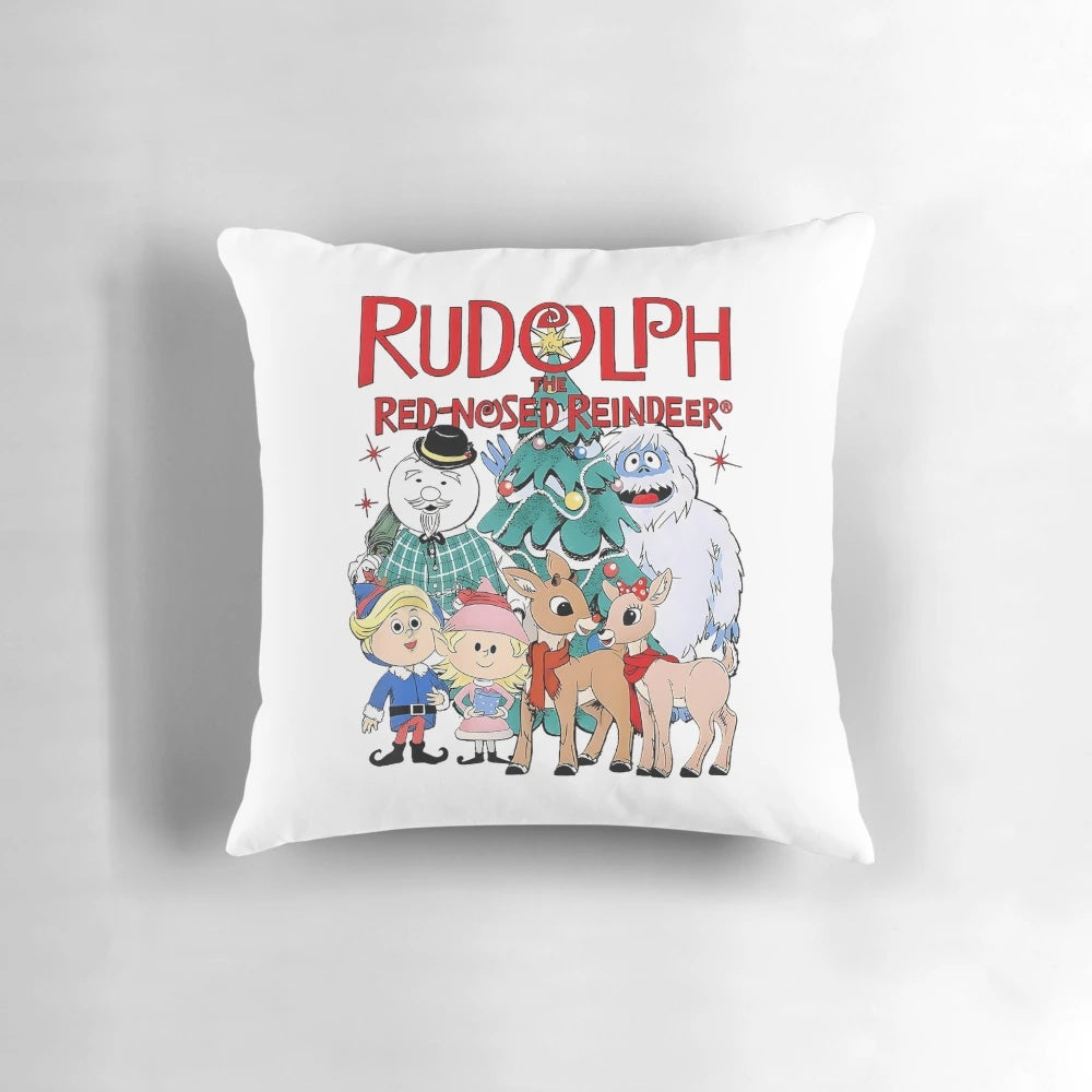 Rudolph the Red-Nosed Reindeer" themed Christmas pillow with characters from the classic holiday TV show