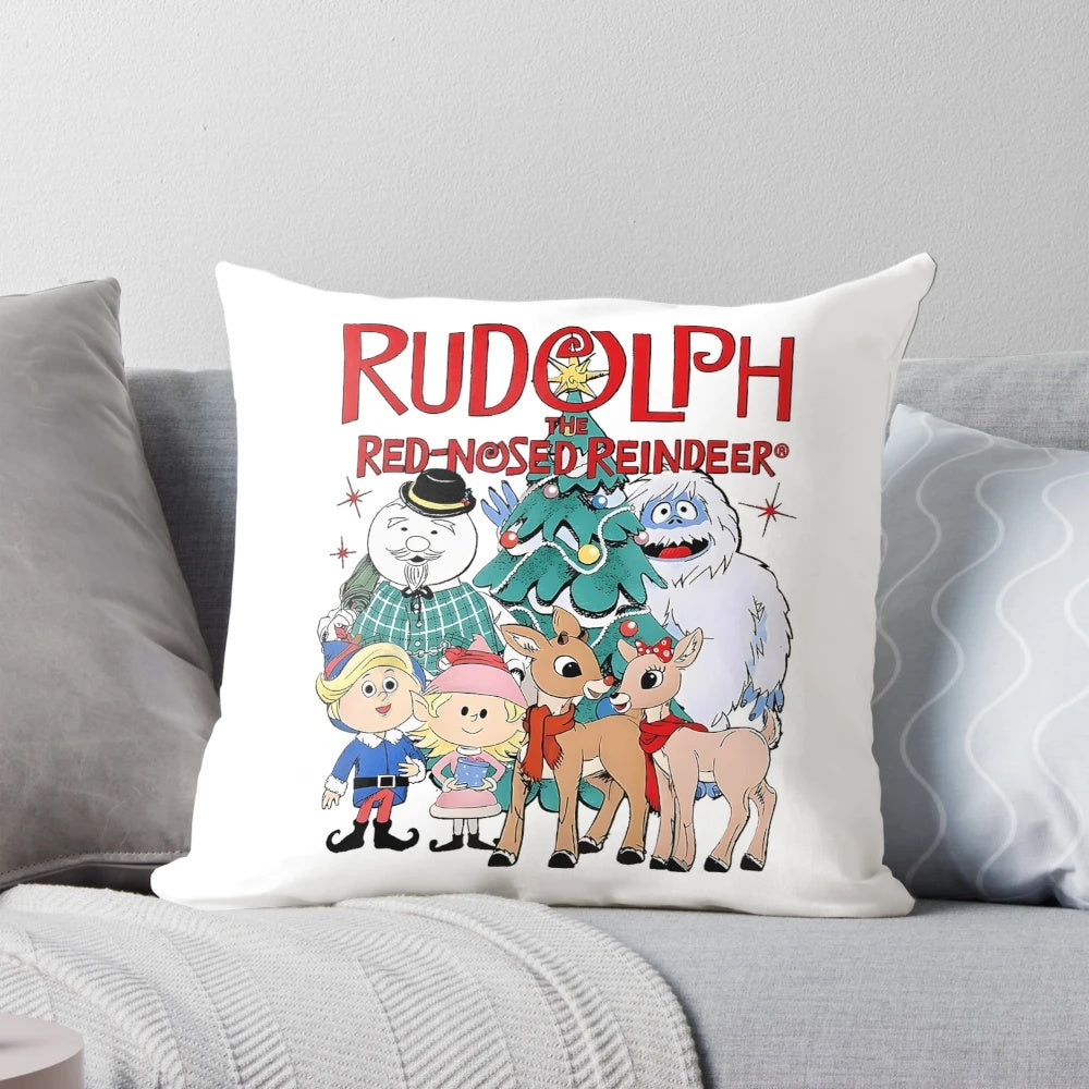 Rudolph the Red-Nosed Reindeer" themed Christmas pillow with characters from the classic holiday TV show