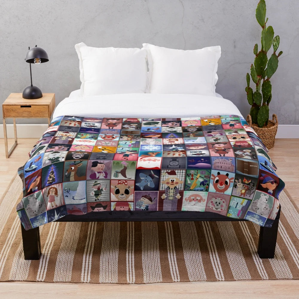 Rudolph the Red-Nosed Reindeer inspired plush blanket with holiday classic characters
