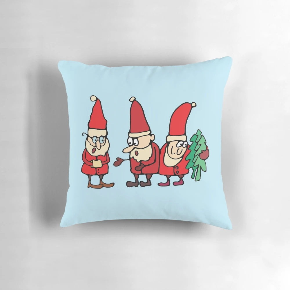 A cozy and vibrant pillow featuring a smiling Santa Claus surrounded by lush Christmas trees.